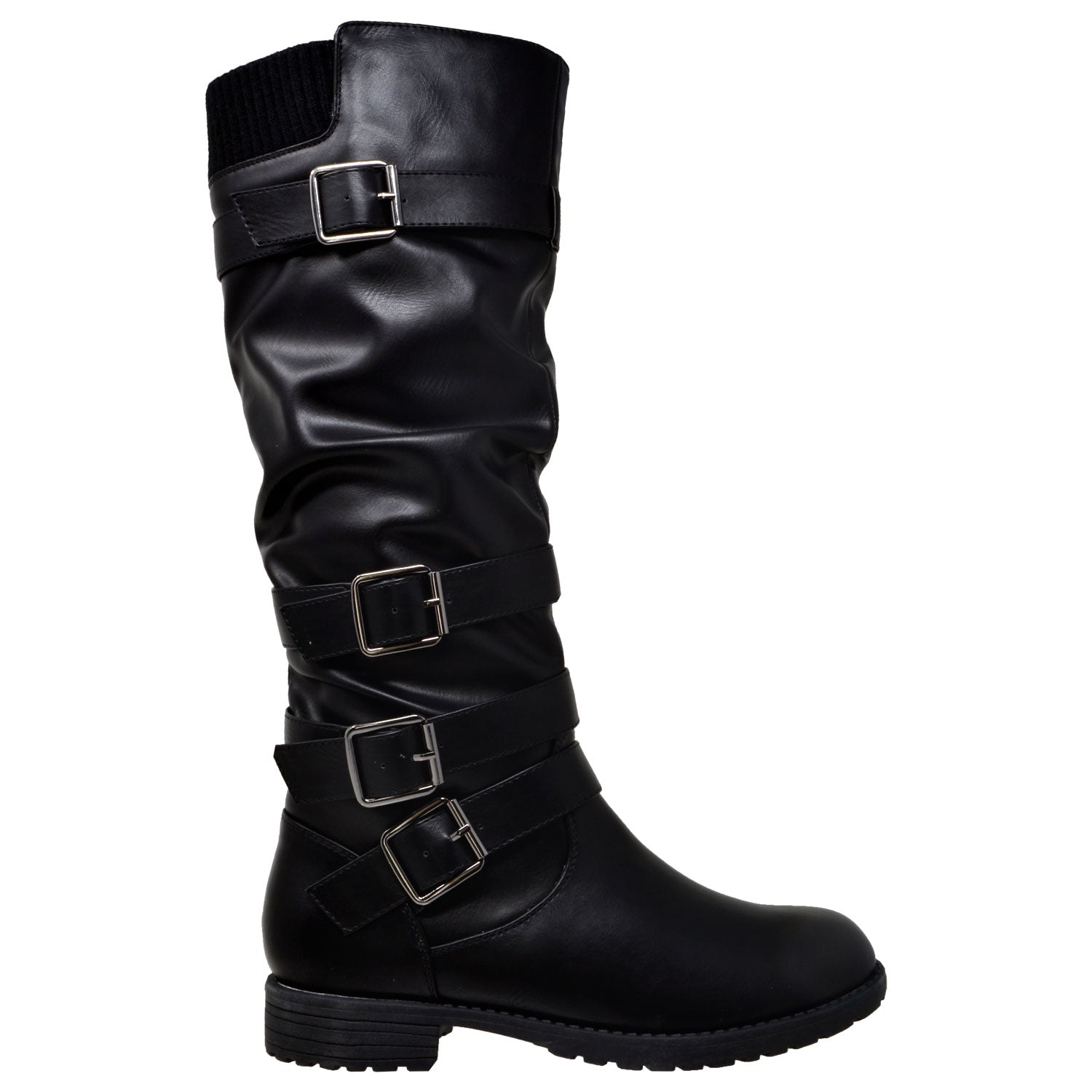 Womens Strappy Buckle Ruched Knee High Faux Leather Boots Black