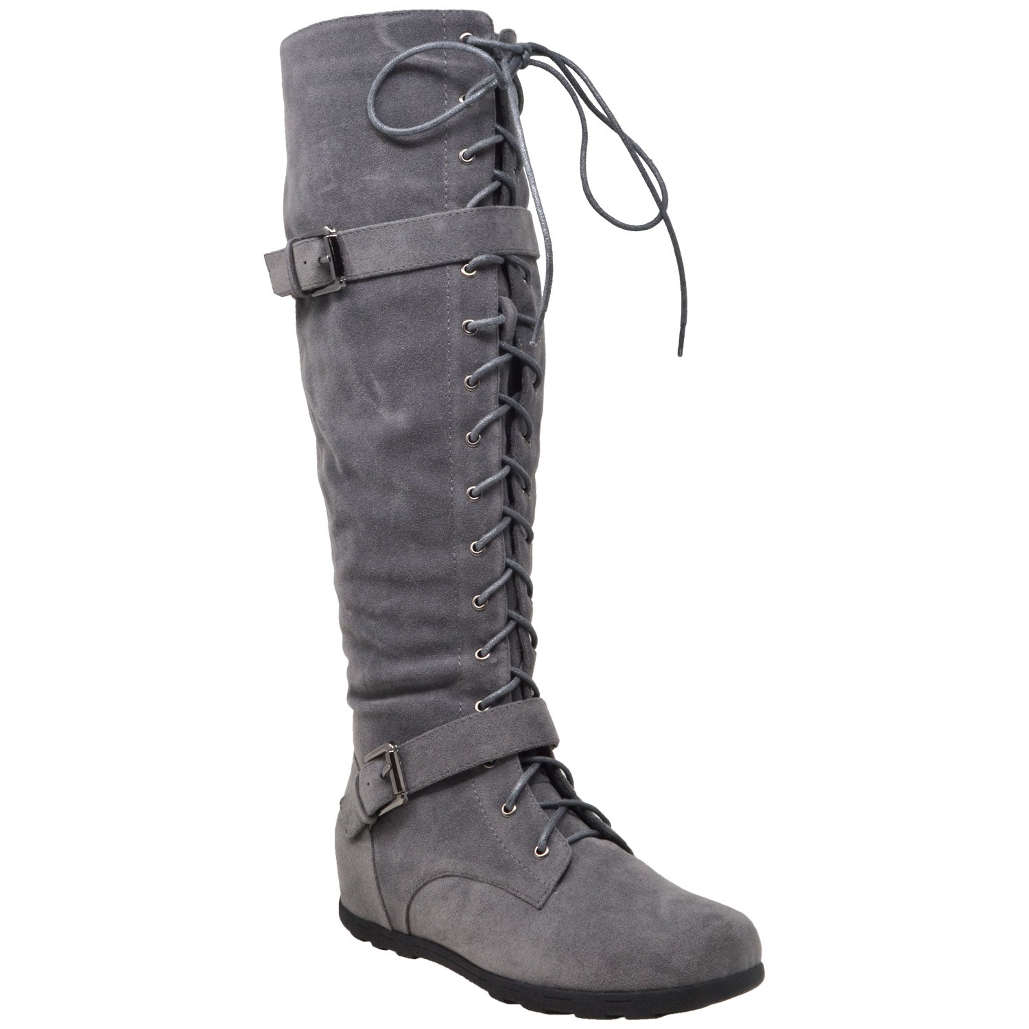 Womens Lace Up Strappy Buckle Combat Knee High Suede Boots Gray ...