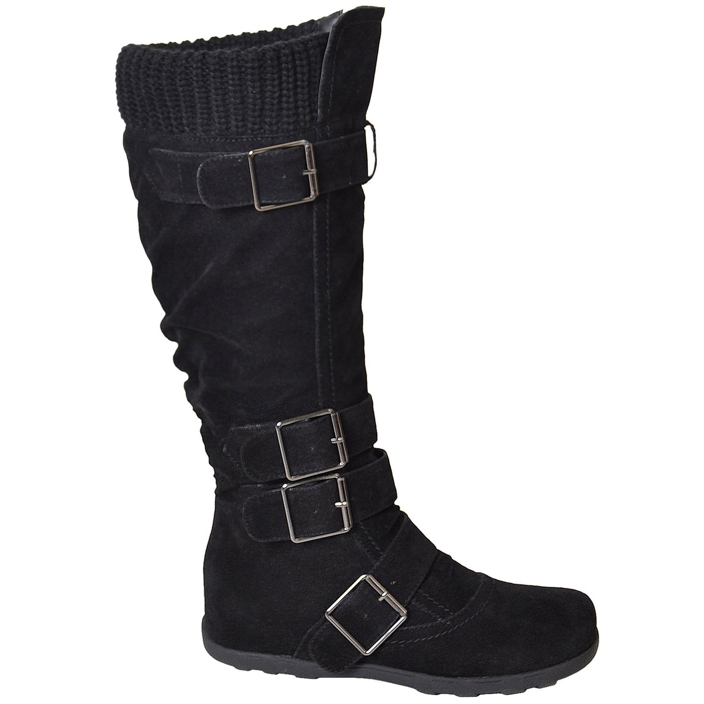 Womens Strappy Buckles Knit Collar Knee High Suede Boots Black – SOBEYO.COM