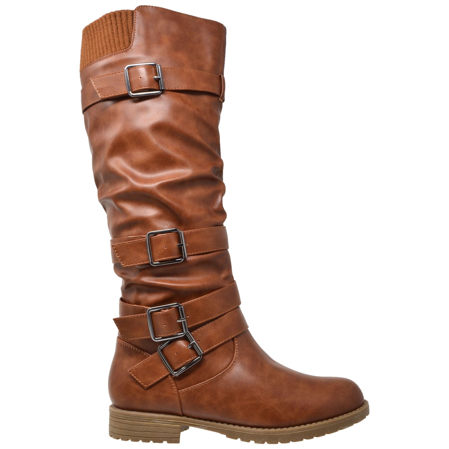 Womens Strappy Buckle Ruched Knee High Faux Leather Boots Brown