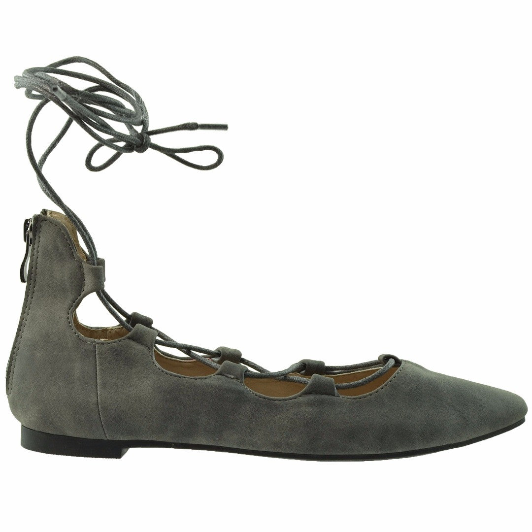 Womens Ghillie Lace Up Pointed Toe Suede Ballet Flats Gray – SOBEYO.COM