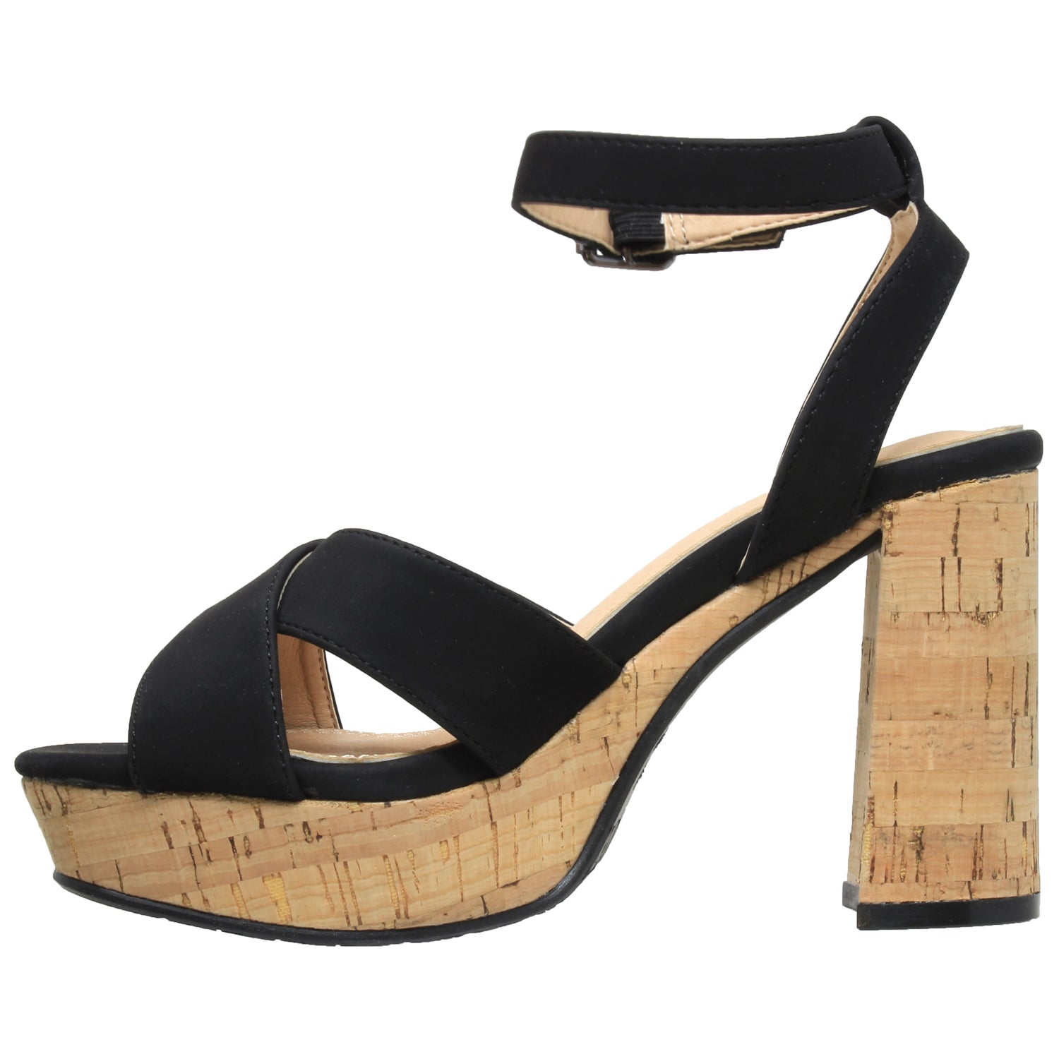 Womens Platform Ankle Strap Wrapped Cork Block Heel Sandal Black ...